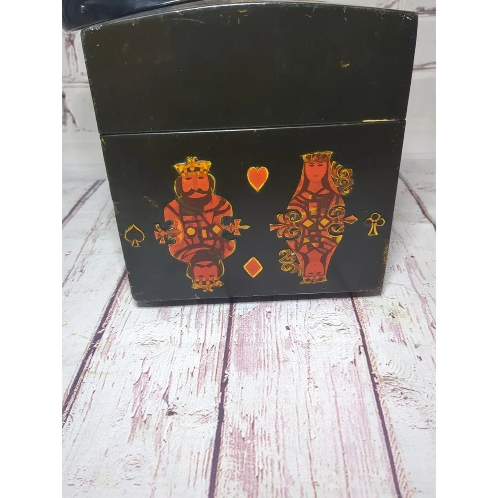 VTG 1960s 1970s Wooden Purse Decoupage Face Cards Box Plastic  Handle